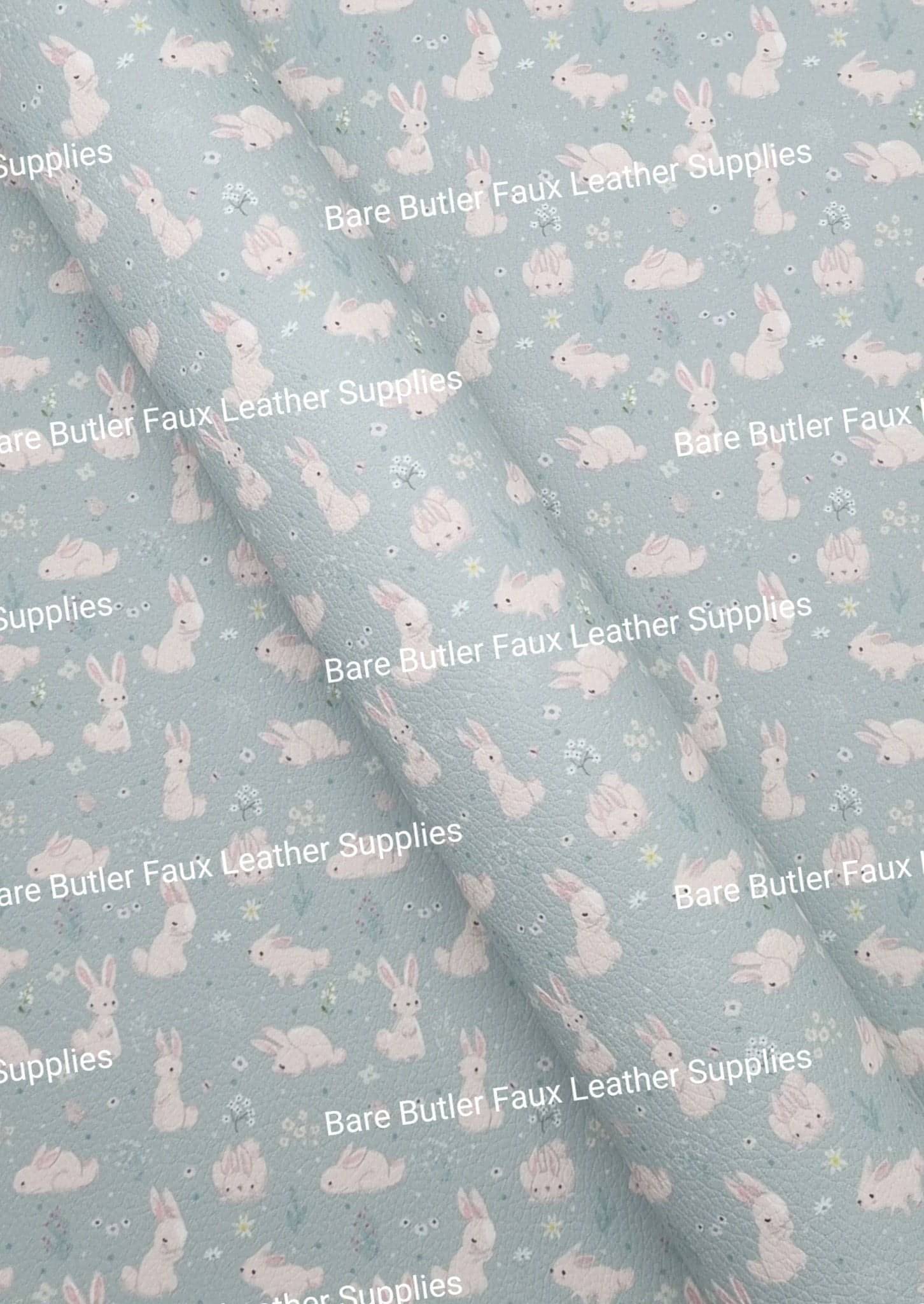 White Bunny's on Green Background Litchi - Bare Butler Faux Leather Supplies 