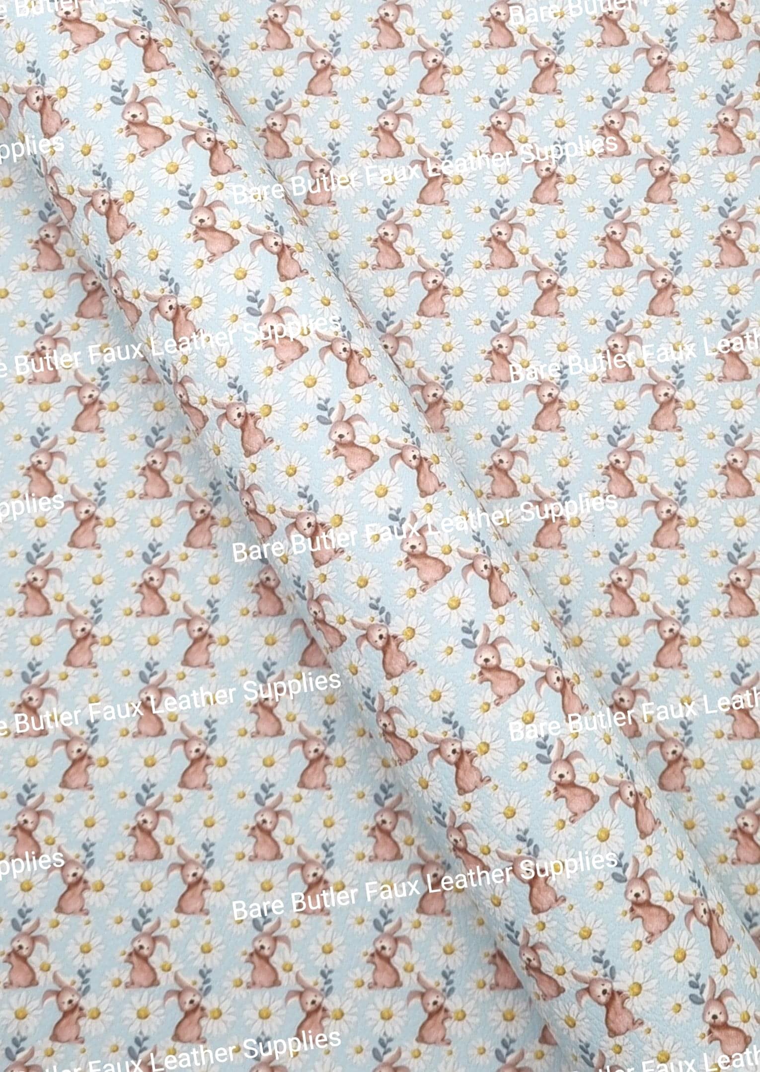 Bunny and White Daisy on Blue Background Litchi - Bare Butler Faux Leather Supplies 