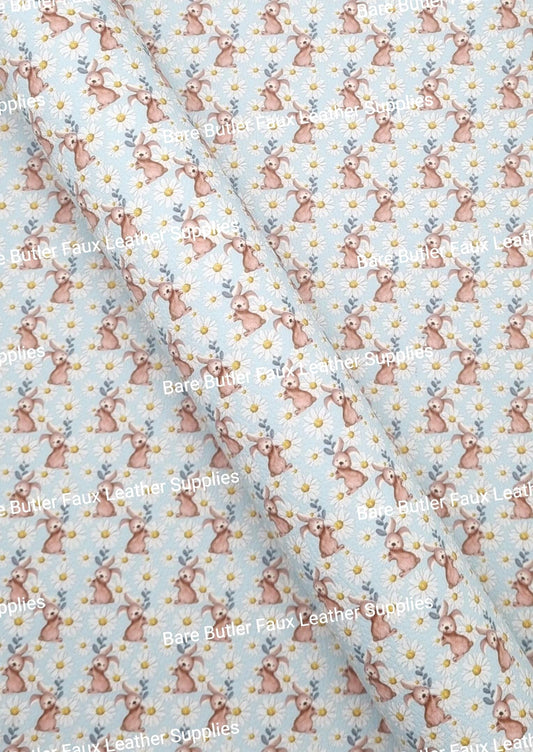 Bunny and White Daisy on Blue Background Litchi - Bare Butler Faux Leather Supplies 