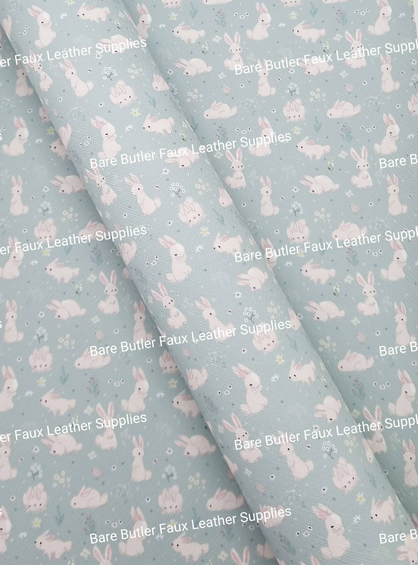 White Bunny's on Green Background Faux Leather - Bare Butler Faux Leather Supplies 