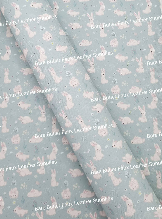 White Bunny's on Green Background Faux Leather - Bare Butler Faux Leather Supplies 