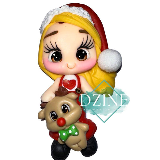 Cute Christmas girl wearing love heart shirt with reindeer blonde hair