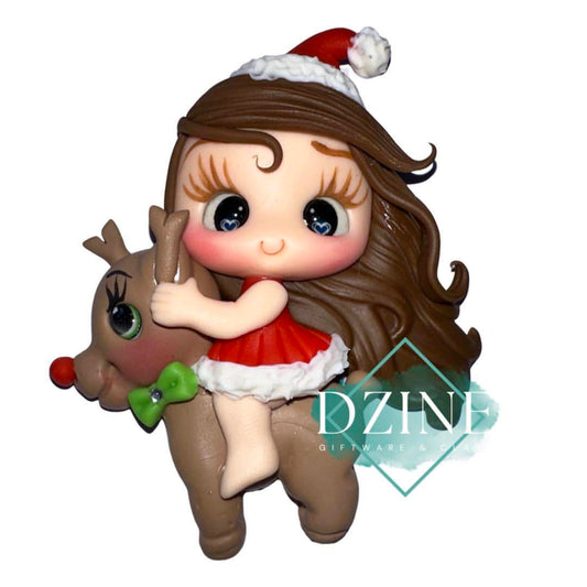 Christmas Girl on reindeer with green bow