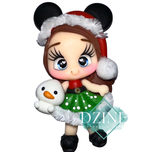 Christmas mouse girl green polka dot skirt brown hair