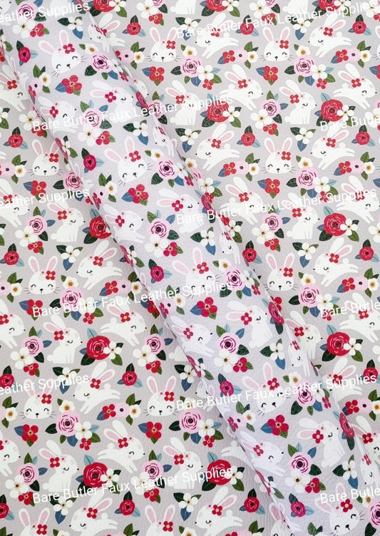 Floral Bunny Grey Litchi - Animals, Bunny, Easter, Faux, Faux Leather, Leather, leatherette, Rabbit - Bare Butler Faux Leather Supplies 