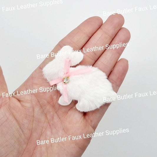 Plush White Rabbit Appliques with Pink Bow - Easter, Embelishment, rabbit - Bare Butler Faux Leather Supplies 