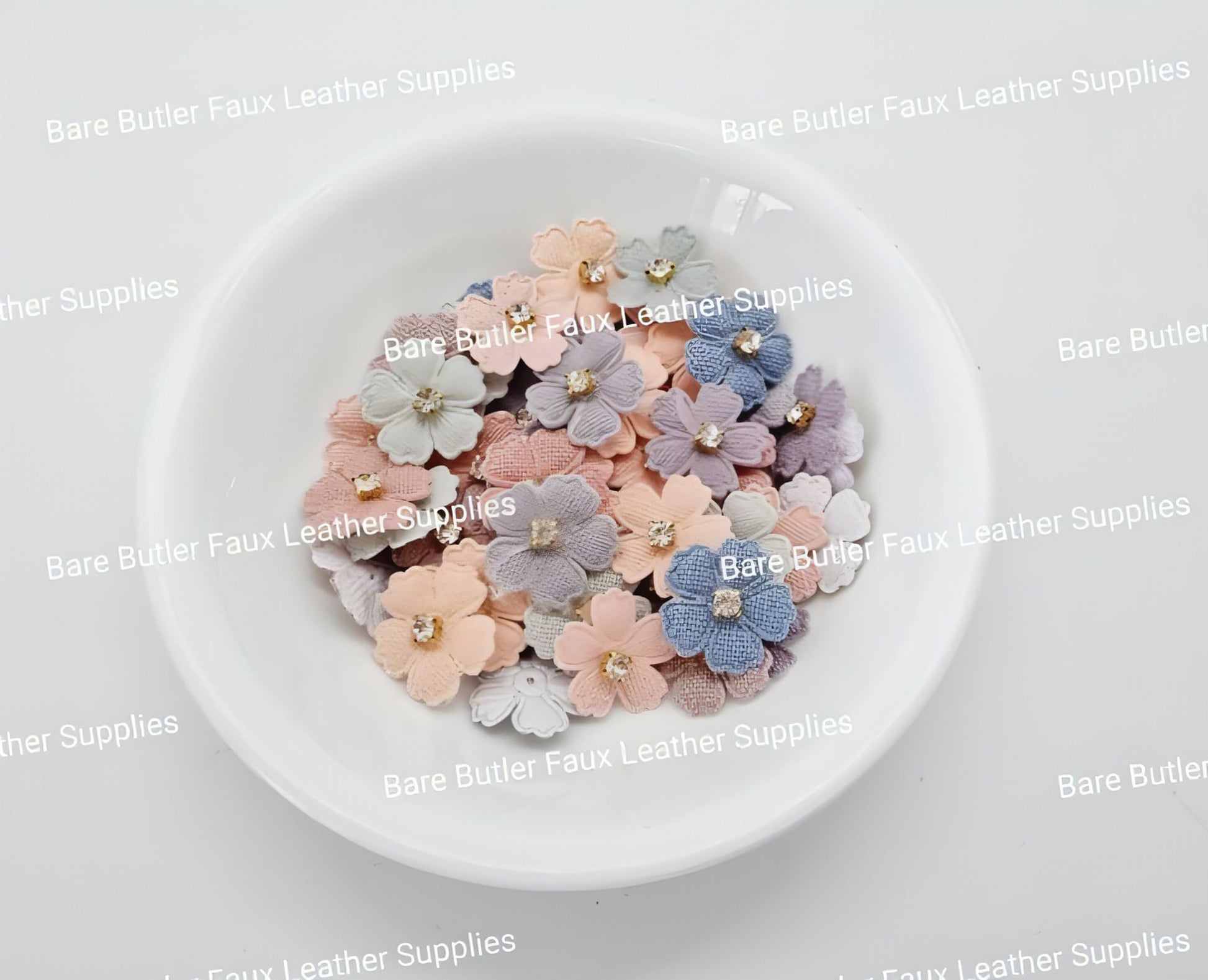 Rhinestone Centered Flowers - 10 Pack - New Colours Added - accessories, christmas, Embelishment, Holly - Bare Butler Faux Leather Supplies 