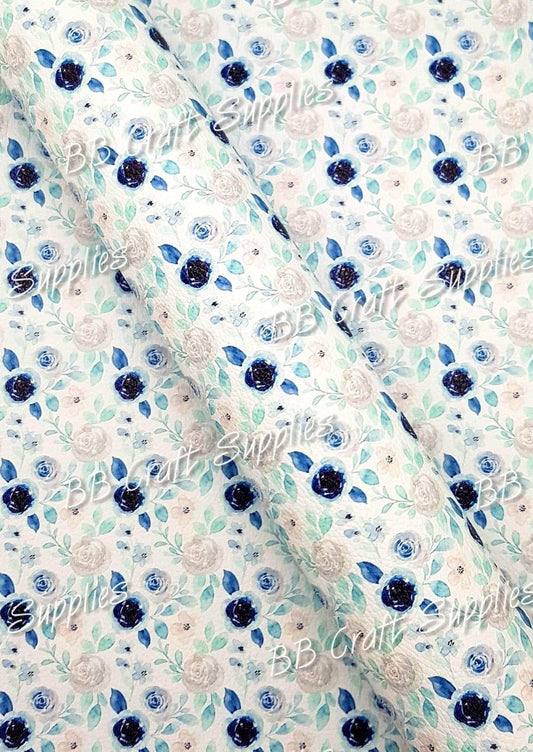 Blue Florals Litchi - blue, Faux, Faux Leather, Flora, floral, Florals, flower, Flowers, Leather, leatherette, Litchi - Bare Butler Faux Leather Supplies 