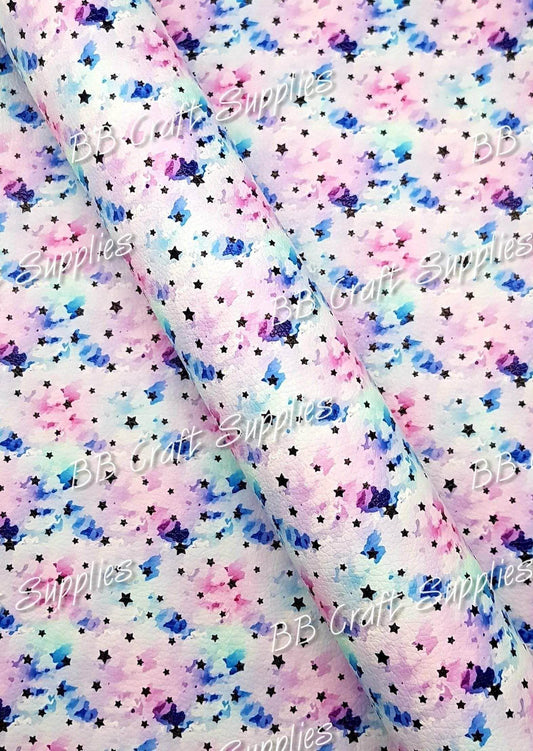 Blue/ Pink Stars Litchi - Faux, Faux Leather, Leather, leatherette, Litchi, Star, starry, Stars - Bare Butler Faux Leather Supplies 