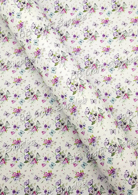 Butterfly's & Pansies Litchi - butterflies, Butterfly, Faux, Faux Leather, Flora, floral, Florals, flower, Flowers, Leather, leatherette, pansies - Bare Butler Faux Leather Supplies 