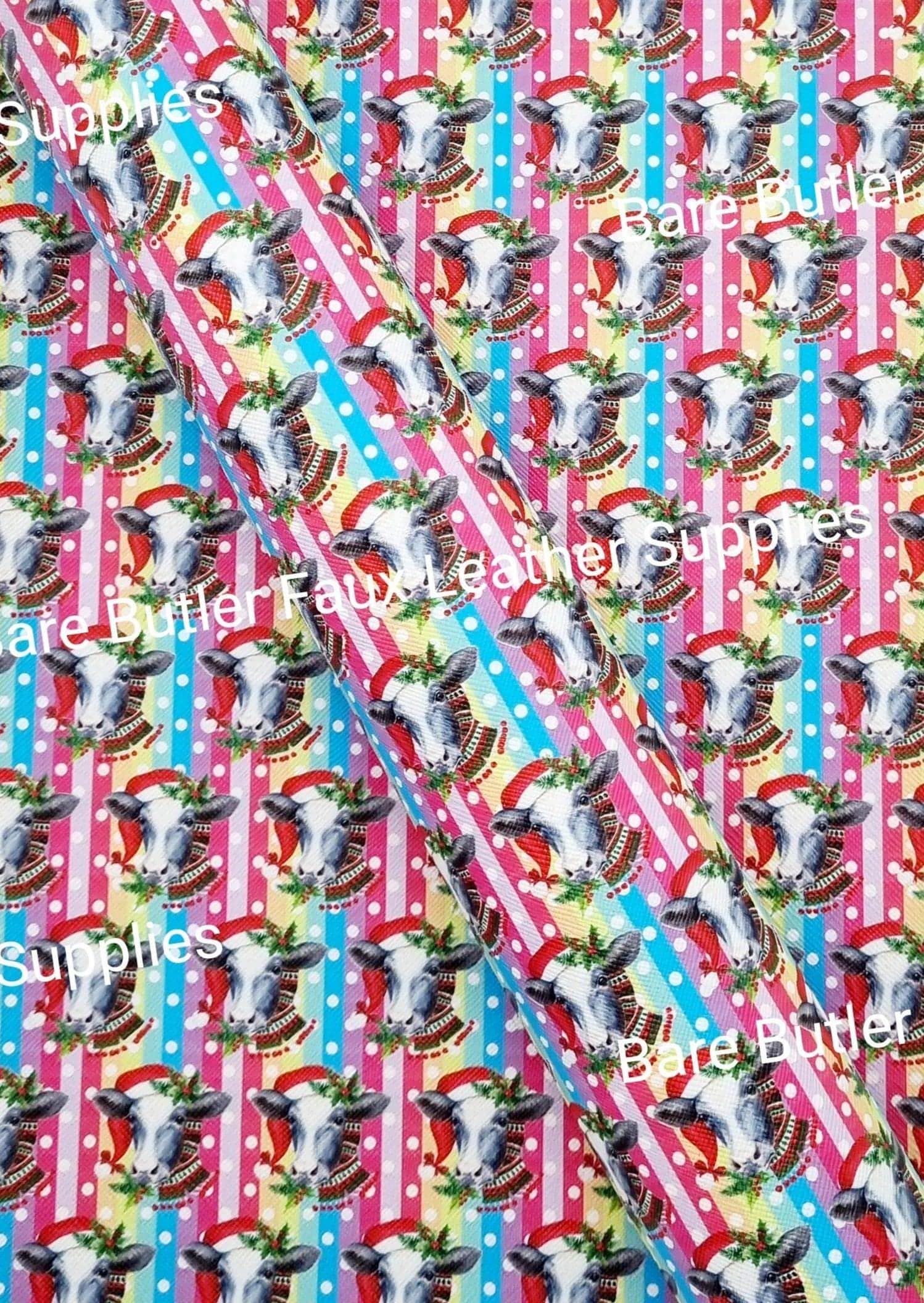 Christmas Cows Faux Leather - Fabric, Faux, Faux Leather, Leather, leatherette, Litchi - Bare Butler Faux Leather Supplies 