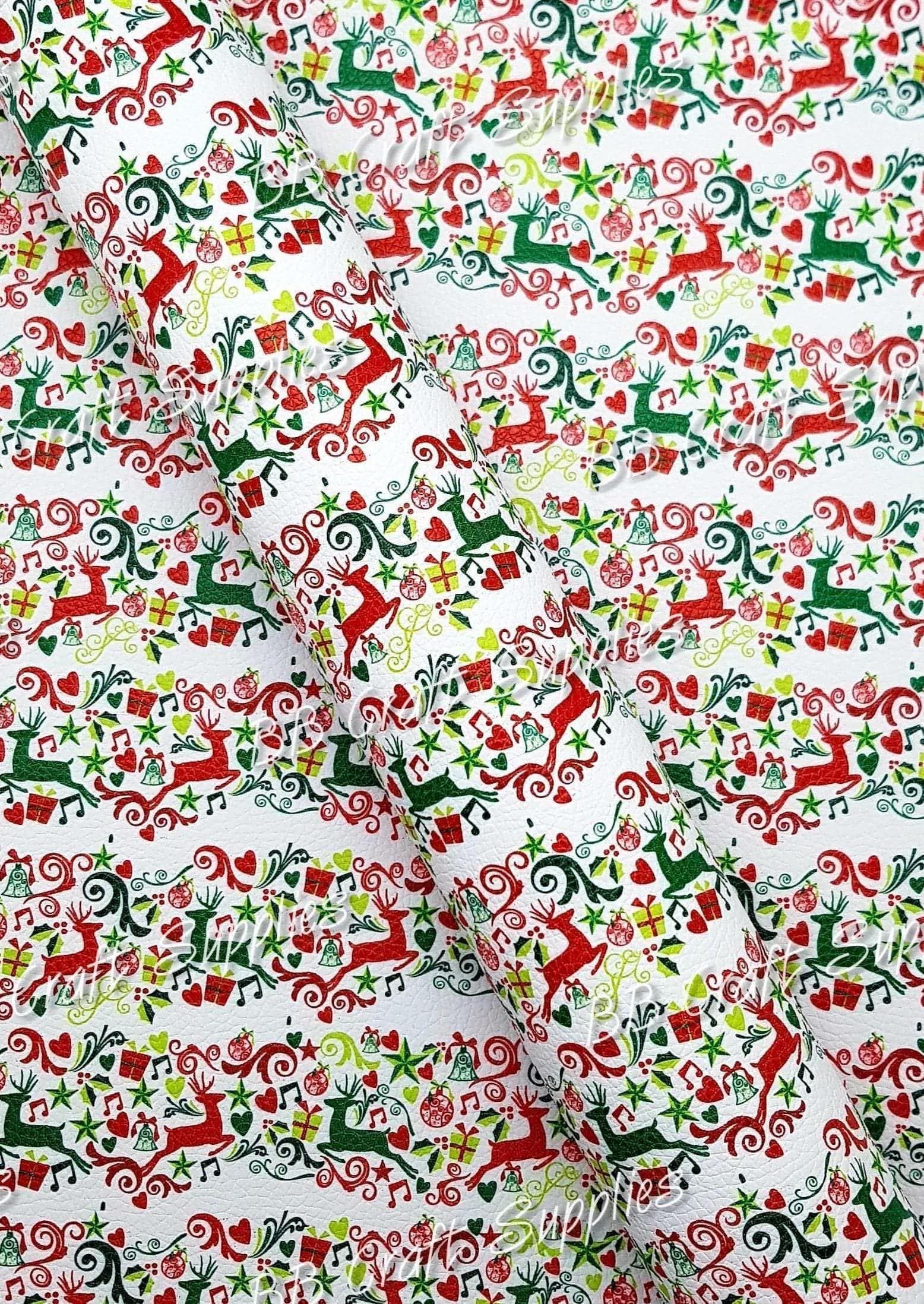 Christmas Merry and Bright Litchi - Christmas, deer, deers, Faux, Faux Leather, Leather, leatherette, Litchi, Reindeer, renideer - Bare Butler Faux Leather Supplies 
