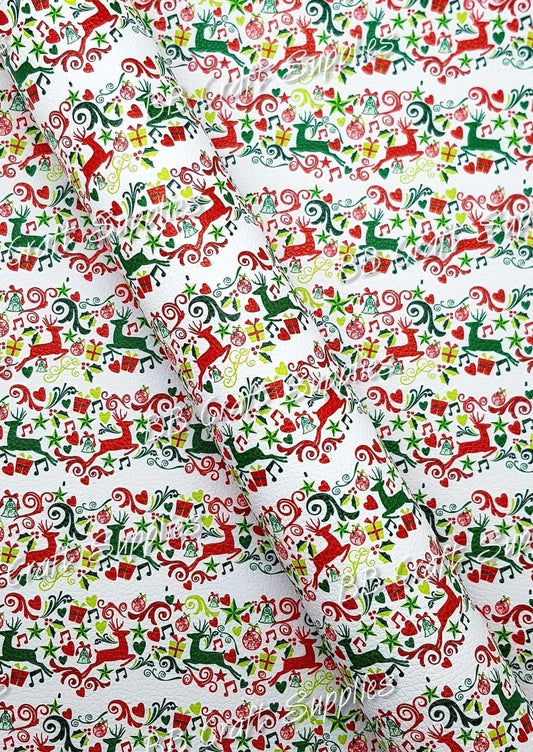 Christmas Merry and Bright Litchi - Christmas, deer, deers, Faux, Faux Leather, Leather, leatherette, Litchi, Reindeer, renideer - Bare Butler Faux Leather Supplies 