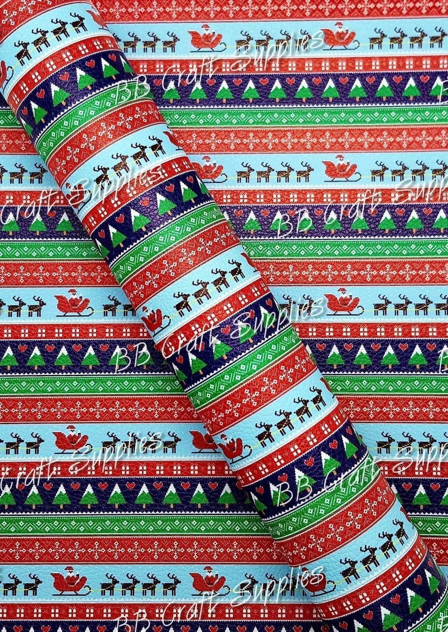 Christmas Santa & His Reindeer Litchi - Christmas, Faux, Faux Leather, Leather, leatherette, Litchi, reindeer, santa - Bare Butler Faux Leather Supplies 