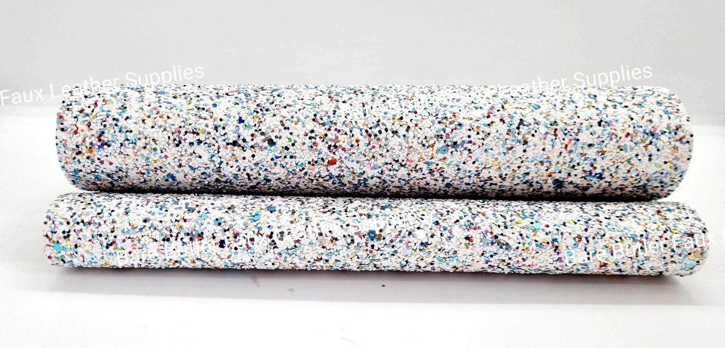 Confetti Mix Chunky Glitter - White/ Blue Mix - Black, Chunky, Faux, Faux Leather, flower, glitter, leather, leatherette, rose, Rose's - Bare Butler Faux Leather Supplies 