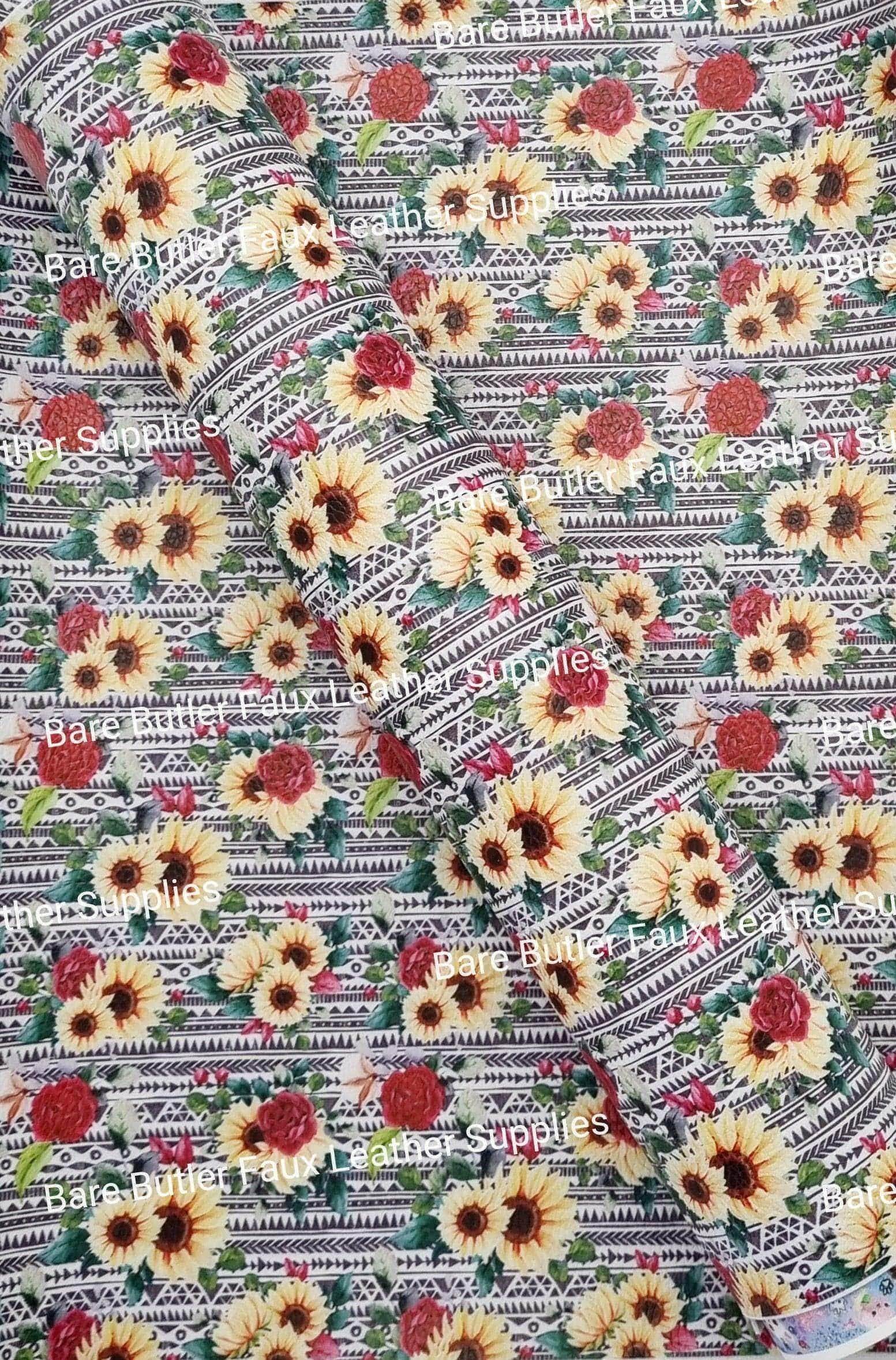 Country Sunflowers & Rose's - country, Faux, Faux Leather, Flora, floral, Florals, flower, Flowers, Leather, leatherette, Litchi, Rose, Rose's, Sunflower, sunflowers - Bare Butler Faux Leather Supplies 