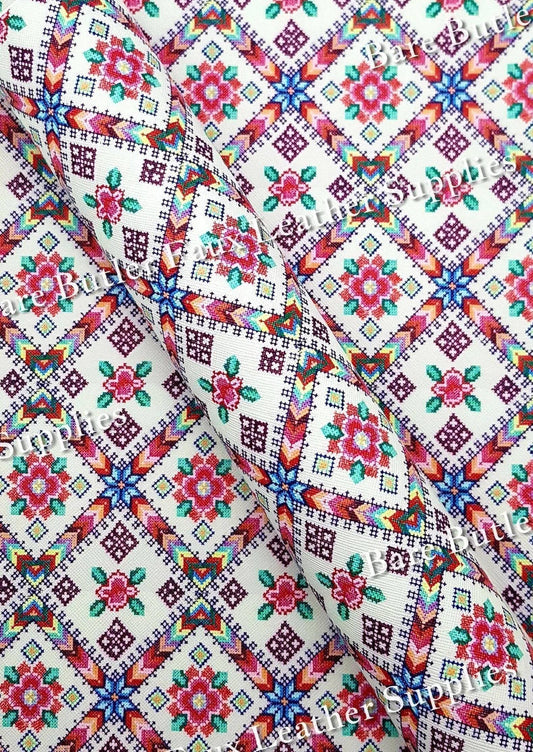 Cross Stitch Florals Faux Leather - cross stitch, Faux, Faux Leather, floral, Florals, flower, Flowers, Leather, leatherette, pattern - Bare Butler Faux Leather Supplies 
