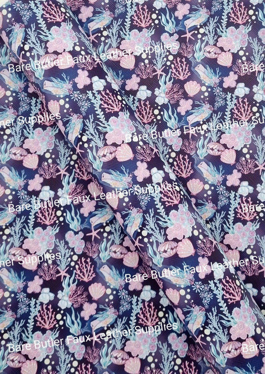 Deep Blue Sea - coral, Faux, Faux Leather, Leather, leatherette, Litchi, mermaid, ocean - Bare Butler Faux Leather Supplies 