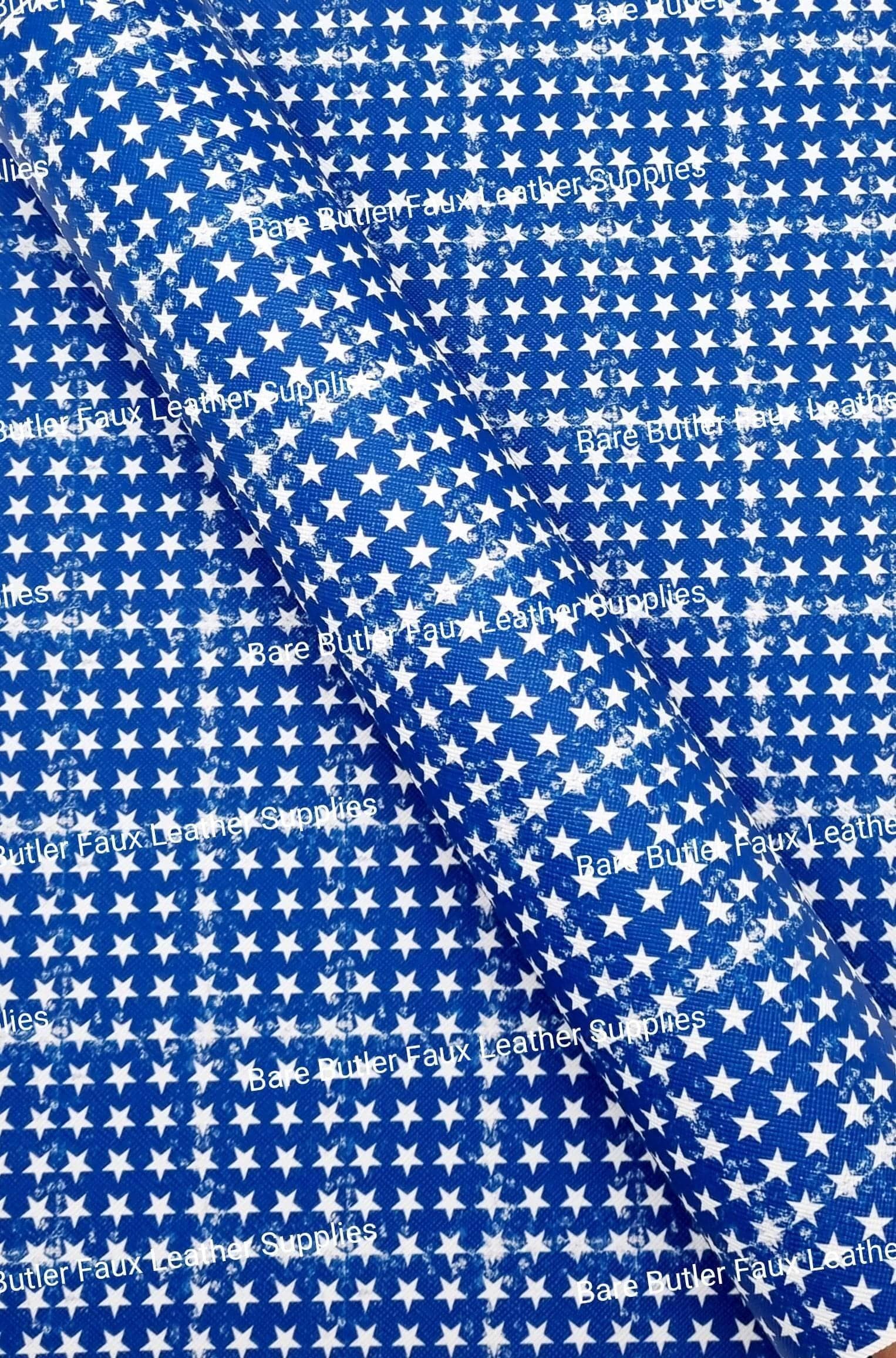 Distressed Blue & White Stars Faux Leather - Fabric, Faux, Faux Leather, Leather, leatherette, Litchi - Bare Butler Faux Leather Supplies 