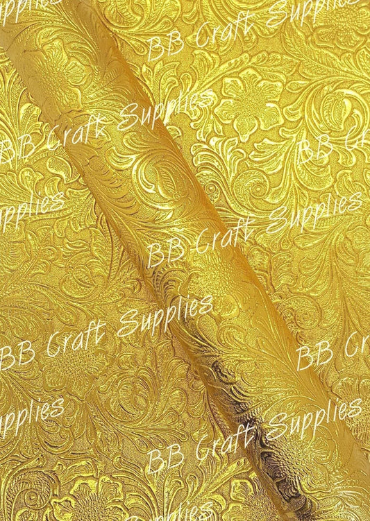 Embossed Floral Bloom Gold - embossed, Faux, Faux Leather, Floral, Leather, leatherette, metallic, Whats new - Bare Butler Faux Leather Supplies 