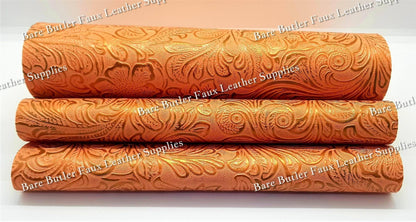 Embossed Floral Bloom Orange - embossed, Faux, Faux Leather, Floral, Leather, leatherette, metallic, Whats new - Bare Butler Faux Leather Supplies 