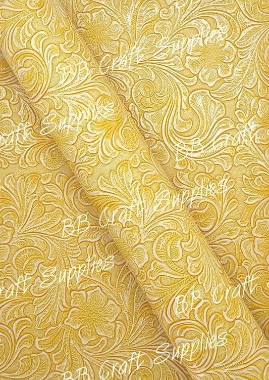 Embossed Floral Bloom Yellow & Cream - embossed, Faux, Faux Leather, Floral, Leather, leatherette, metallic, Whats new - Bare Butler Faux Leather Supplies 