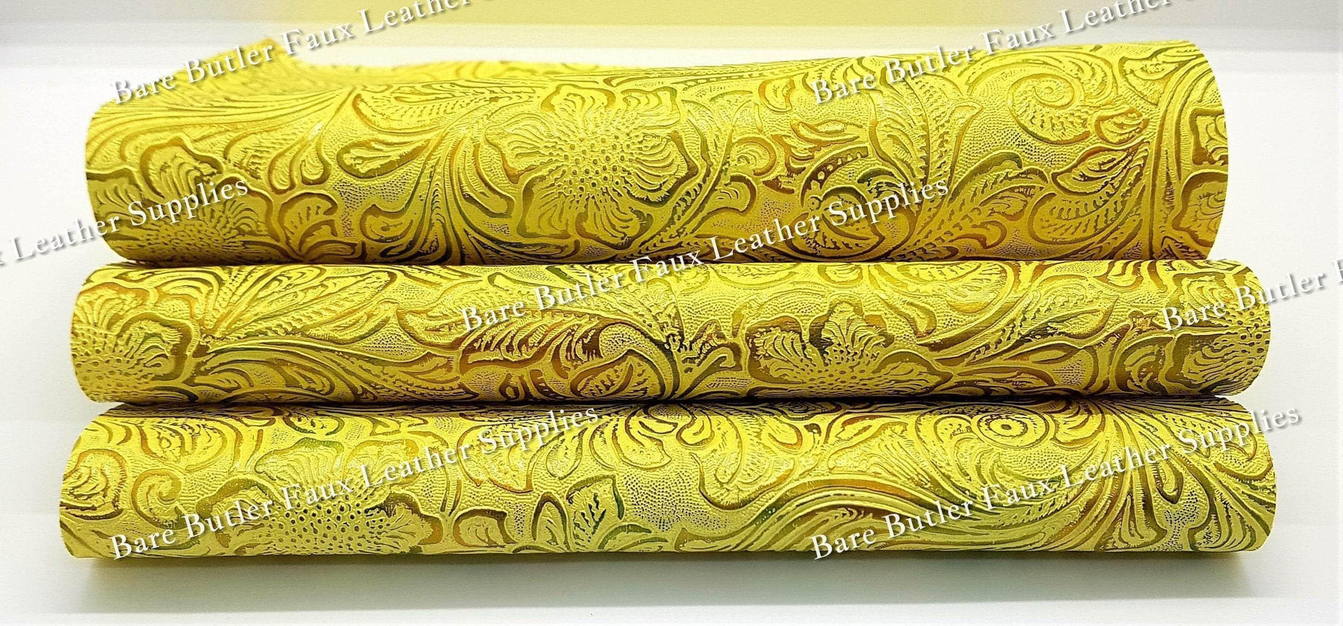 Embossed Floral Bloom Yellow - embossed, Faux, Faux Leather, Floral, Leather, leatherette, metallic, Whats new - Bare Butler Faux Leather Supplies 