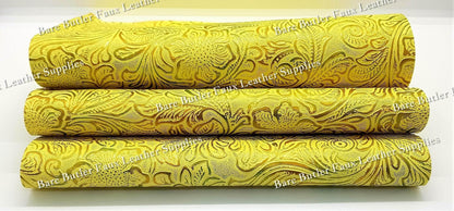 Embossed Floral Bloom Yellow - embossed, Faux, Faux Leather, Floral, Leather, leatherette, metallic, Whats new - Bare Butler Faux Leather Supplies 