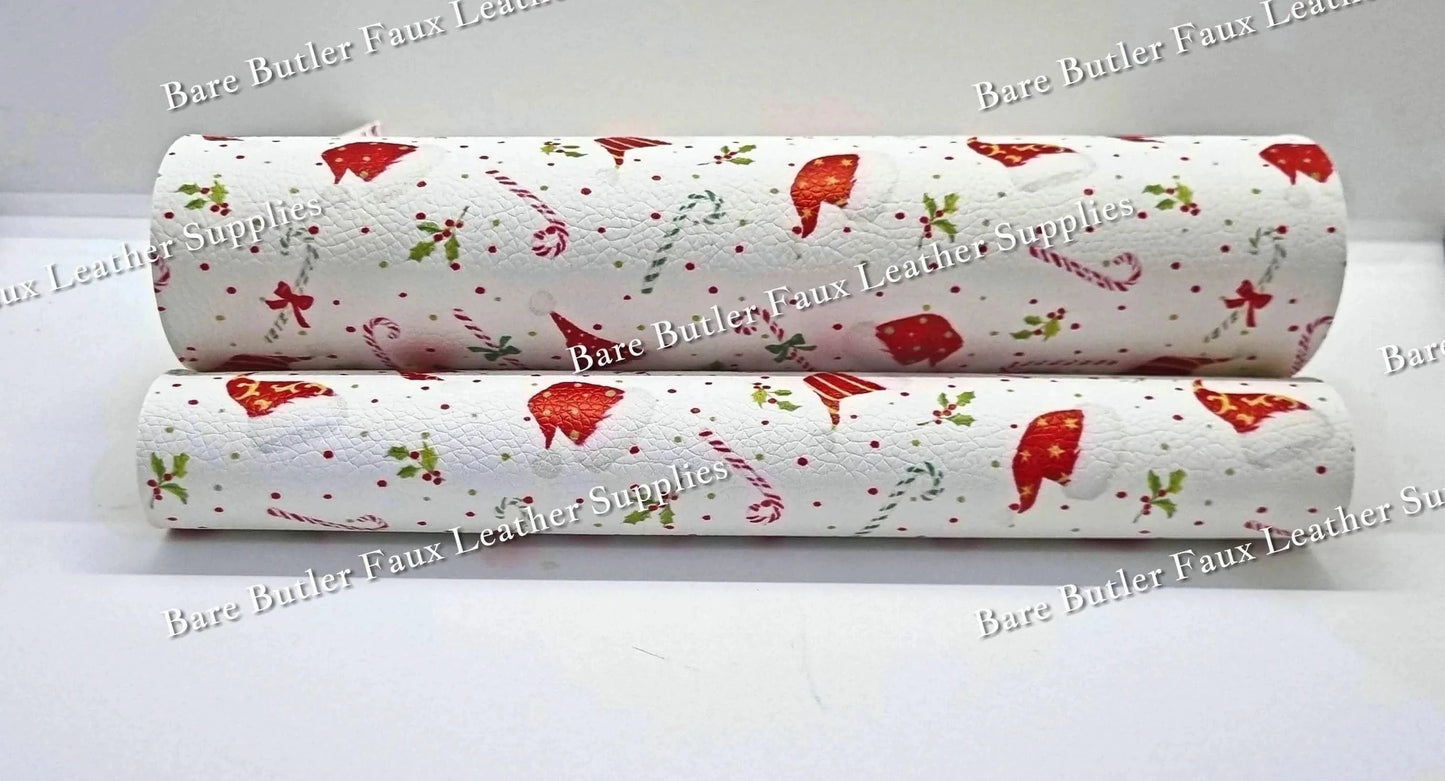 Festive Hats & Candy Canes Litchi - baubles, candy, candy cane, Candy Canes, christmas, Faux, Faux Leather, hat, Leather, leatherette, Ornament, reindeer, santa, Snowflakes - Bare Butler Faux Leather Supplies 