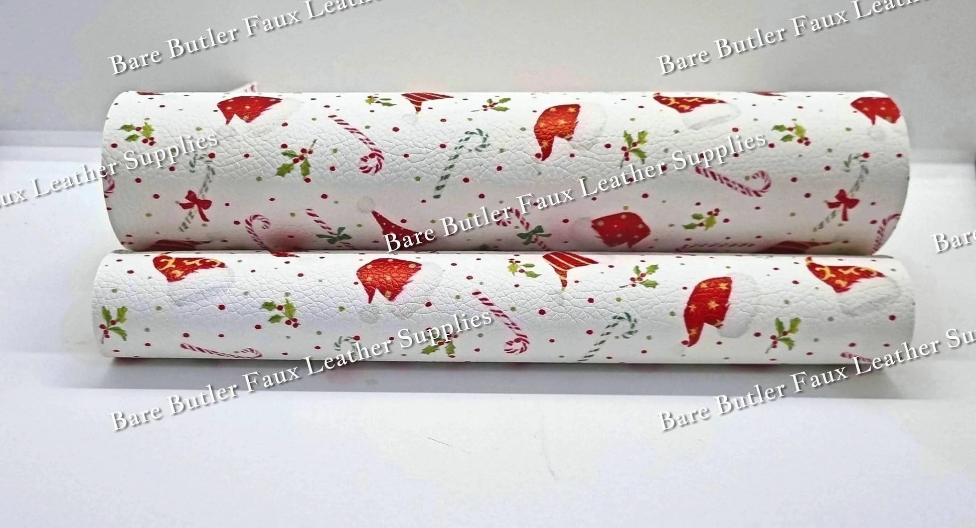 Festive Hats & Candy Canes Litchi - baubles, candy, candy cane, Candy Canes, christmas, Faux, Faux Leather, hat, Leather, leatherette, Ornament, reindeer, santa, Snowflakes - Bare Butler Faux Leather Supplies 