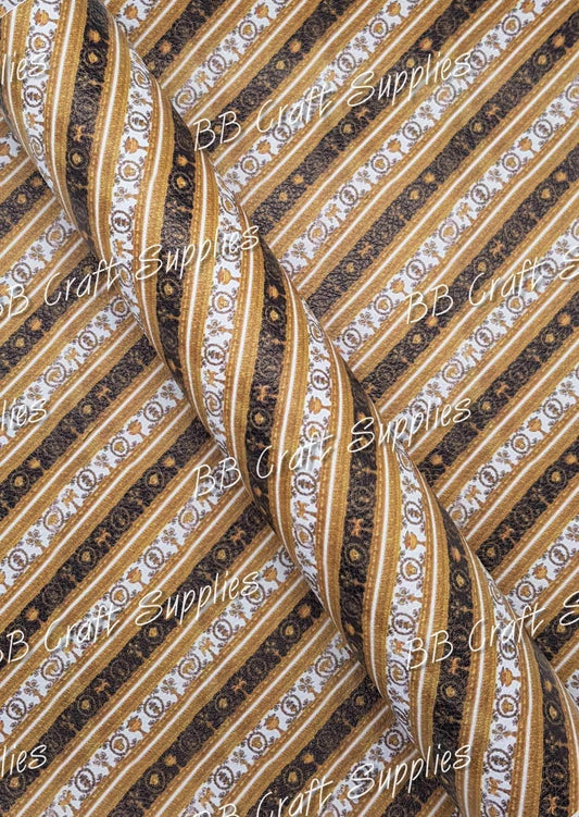 Floral Stripes Gold Litchi - Faux, Faux Leather, floral, flower, flowert, hearts, Leather, leatherette, pattern - Bare Butler Faux Leather Supplies 