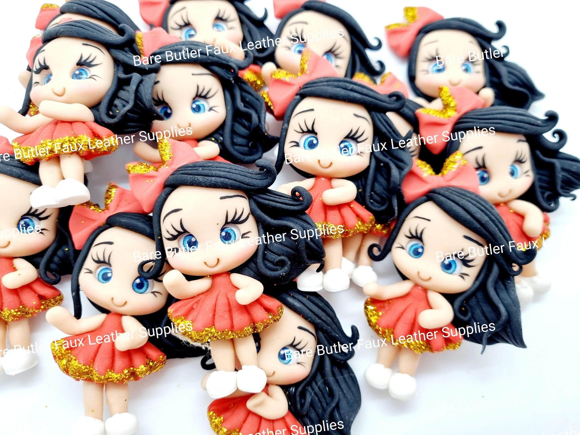 Girl in Red Gold Glitter dress, Big Bow in Hair Black - Clay, Clays - Bare Butler Faux Leather Supplies 
