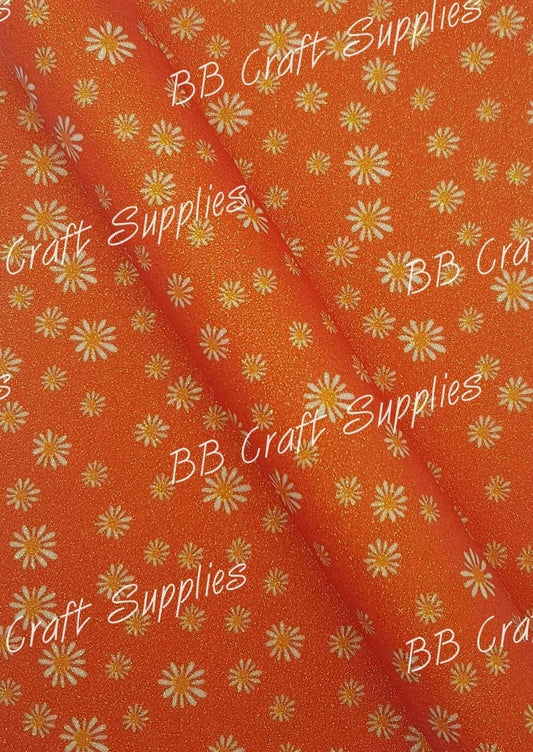 Glitter - Daisy Orange - Daisy, Faux, Faux Leather, Floral, Glitter, leather, leatherette, Mothers Day, Orange - Bare Butler Faux Leather Supplies 