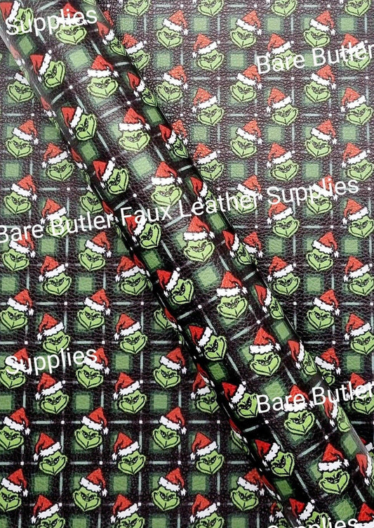 Green Plaid Grinch in Santa Hat Litchi - christmas, Faux, Faux Leather, grinch, Leather, leatherette, Litchi, santa - Bare Butler Faux Leather Supplies 