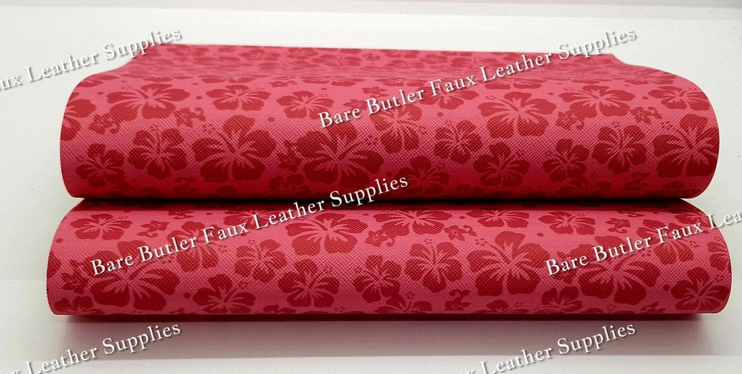 Hibiscus Flower Red Faux Leather - Faux, Faux Leather, floral, Flower, hibiscus, Leather, leatherette, red, tropical - Bare Butler Faux Leather Supplies 