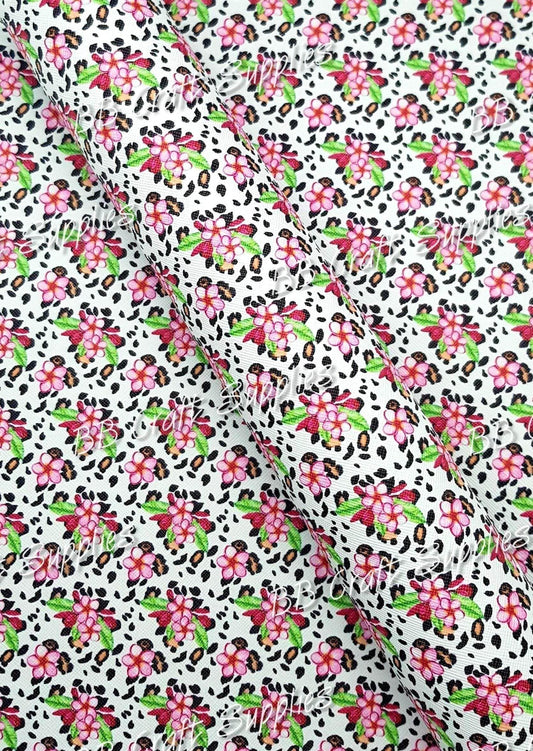 Leopard Frangipani's Faux Leather - Faux, Faux Leather, Flora, floral, Florals, flower, Flowers, Frangipani, Leather, leatherette, leopard - Bare Butler Faux Leather Supplies 