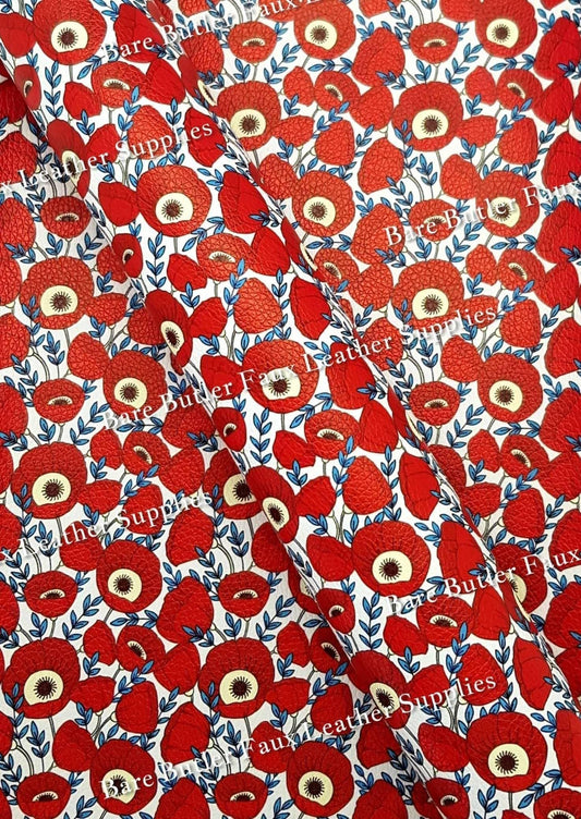Memorial Poppies Litchi - Anzac, Anzac Day, Faux, Faux Leather, Flora, floral, Florals, flower, Flowers, Leather, Litchi, Poppie, poppy, Remembrance, We Will Remember Them - Bare Butler Faux Leather Supplies 