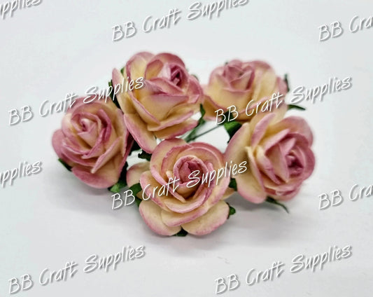 Mini Roses Cream/Violet tips 5 Pack - cream, Embelishment, Flower, mini, Mulburry, mullberry, rose, violet - Bare Butler Faux Leather Supplies 
