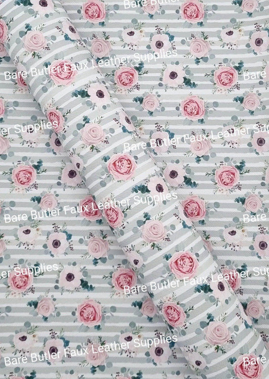 Pastel Splendor Green & White Stripe Faux Leather - Faux, Faux Leather, Flora, floral, Florals, flower, Flowers, green, Leather, leatherette, Litchi, peonies - Bare Butler Faux Leather Supplies 