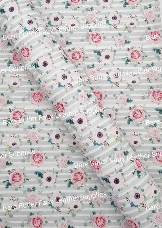 Pastel Splendor Green & White Stripe Litchi - Faux, Faux Leather, Flora, floral, Florals, flower, Flowers, green, Leather, leatherette, Litchi, peonies, Stripe, Stripes - Bare Butler Faux Leather Supplies 