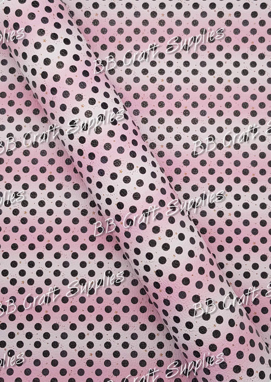 Pink & Black Dots Litchi - Dots, Faux, Faux Leather, Leather, leatherette, pink, white - Bare Butler Faux Leather Supplies 