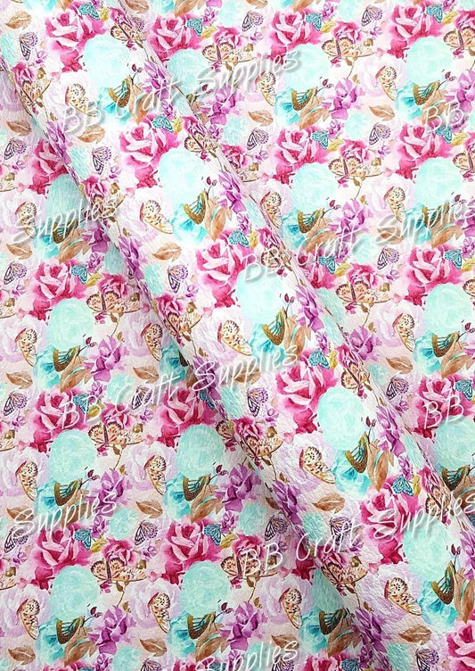 Pink Butterfly Blush Litchi - Faux, Faux Leather, Flora, floral, Florals, flower, Flowers, Leather, leatherette, Litchi, Rose, Rose's - Bare Butler Faux Leather Supplies 