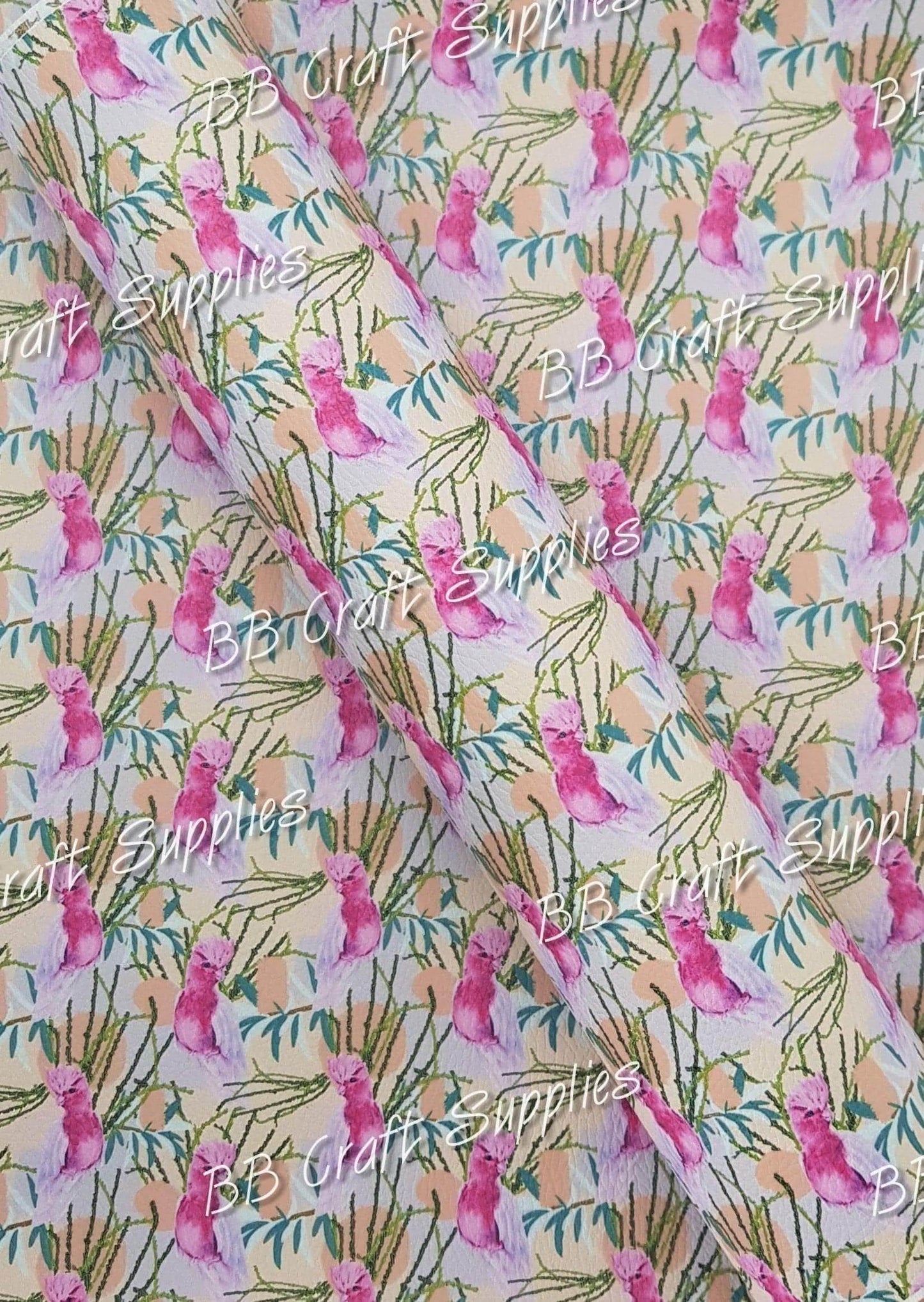 Pink Galah Litchi - Animal, animal floral, Australian, bird, birds, Faux, Faux Leather, Leather, leatherette, Litchi, Pink Galah - Bare Butler Faux Leather Supplies 