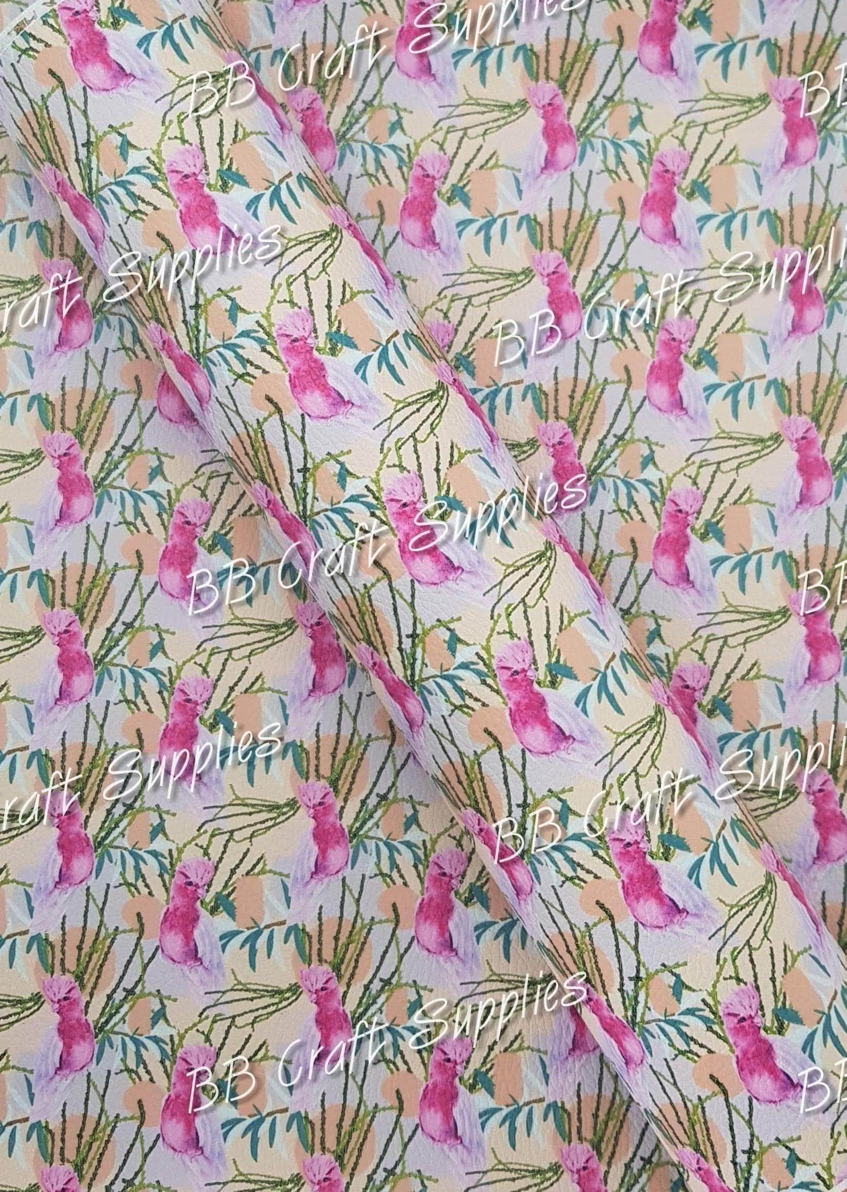 Pink Galah Litchi - Animal, animal floral, Australian, bird, birds, Faux, Faux Leather, Leather, leatherette, Litchi, Pink Galah - Bare Butler Faux Leather Supplies 