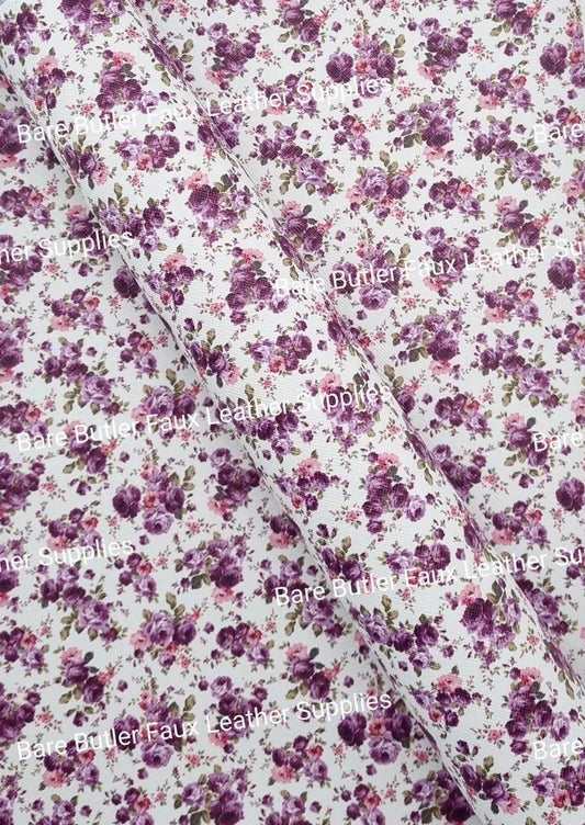 Purple Blossoms Faux Leather - Faux, Faux Leather, Flora, floral, Florals, flower, Flowers, Leather, leatherette, Litchi, peonies, purple - Bare Butler Faux Leather Supplies 