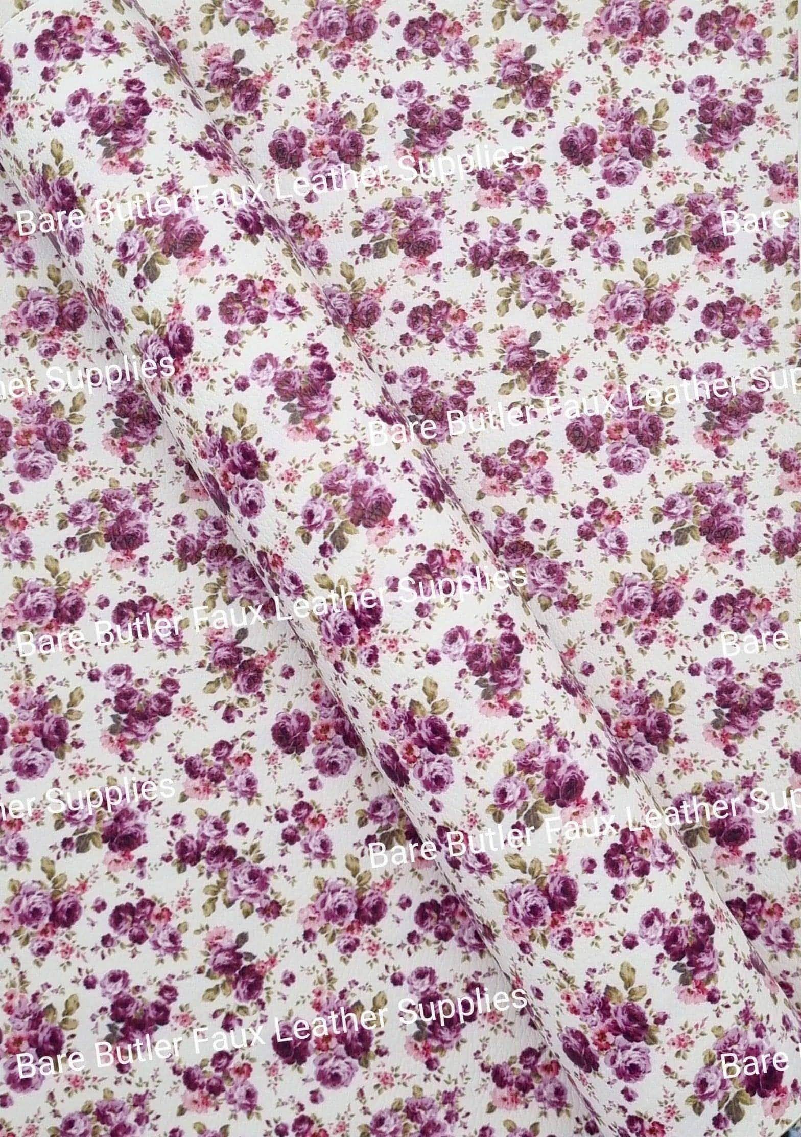 Purple Blossoms Litchi - Faux, Faux Leather, Flora, floral, Florals, flower, Flowers, green, Leather, leatherette, Litchi, peonies - Bare Butler Faux Leather Supplies 
