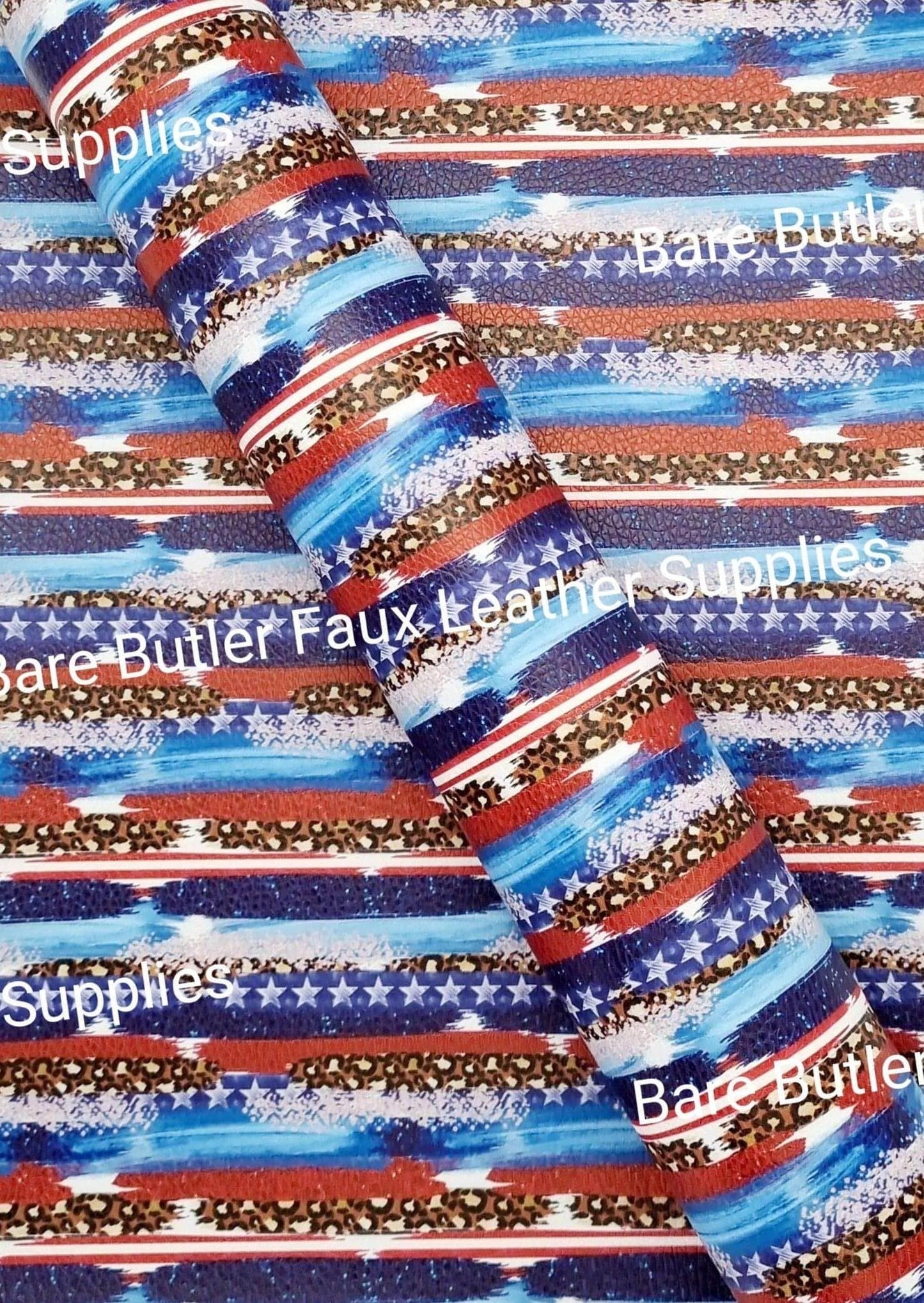 Red & White Stars Leopard Brush Stroke Litchi - Fabric, Faux, Faux Leather, Leather, leatherette, Litchi - Bare Butler Faux Leather Supplies 