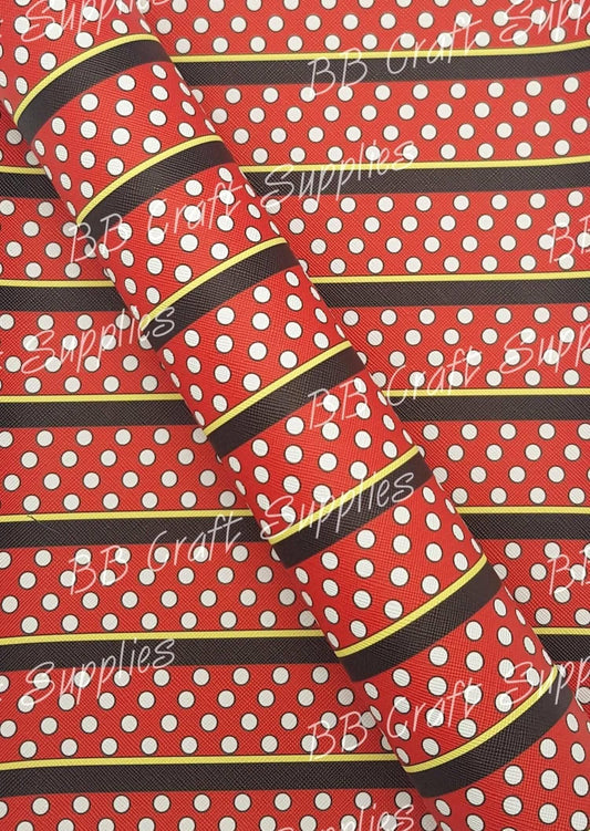 Red Strip, White Polka Dots Faux Leather - Character, Faux, Faux Leather, Leather, leatherette, Minnie Mouse - Bare Butler Faux Leather Supplies 