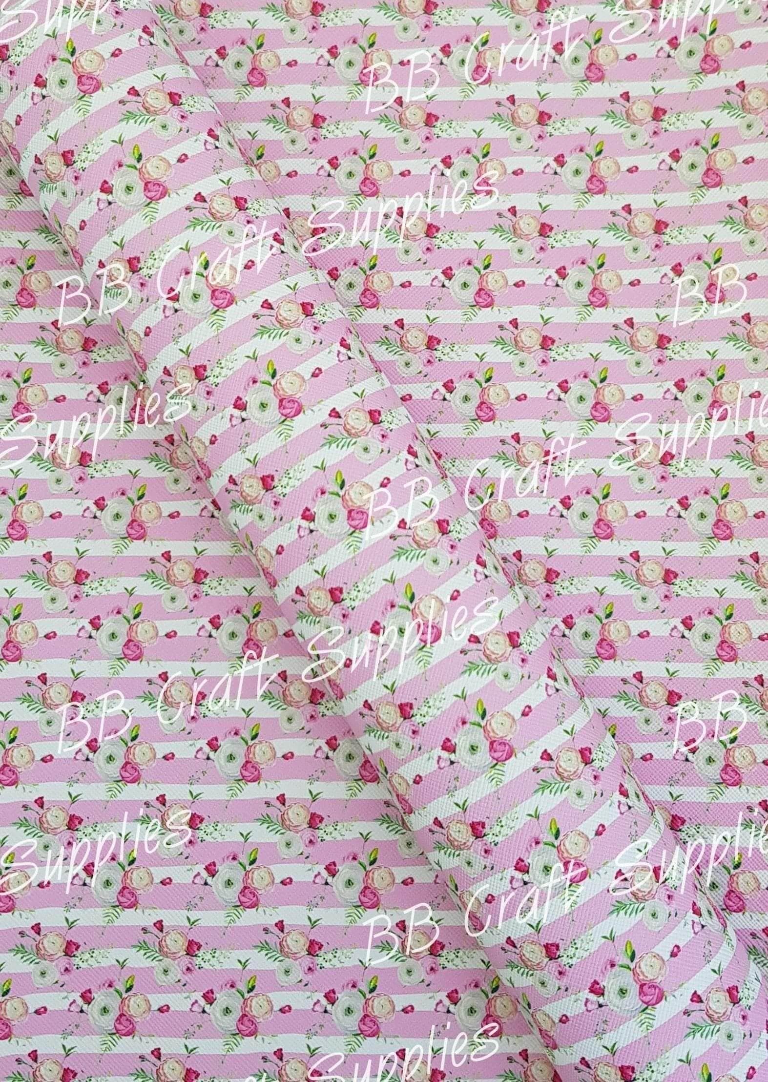 Roll -  Pink & White Stripe Florals - Animal, Bee, Faux, Faux Leather, Roll - Bare Butler Faux Leather Supplies 
