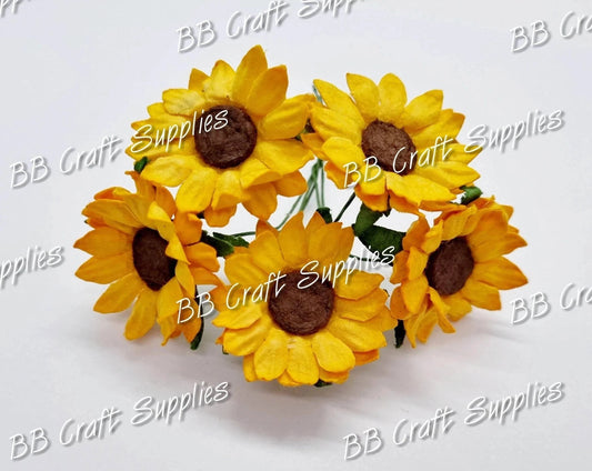 Sunflowers 5 Pack - country, Embelishment, Flower, Mulburry, mullberry, sunflower, wiggles, yellow - Bare Butler Faux Leather Supplies 